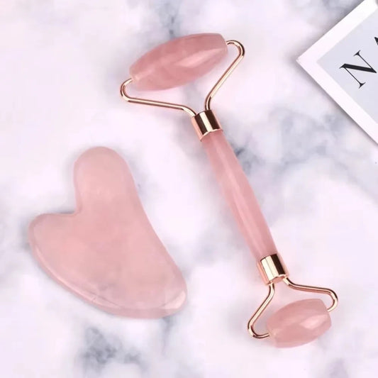 Set Gua Sha y Rodillo Facial Cuarzo Rosa